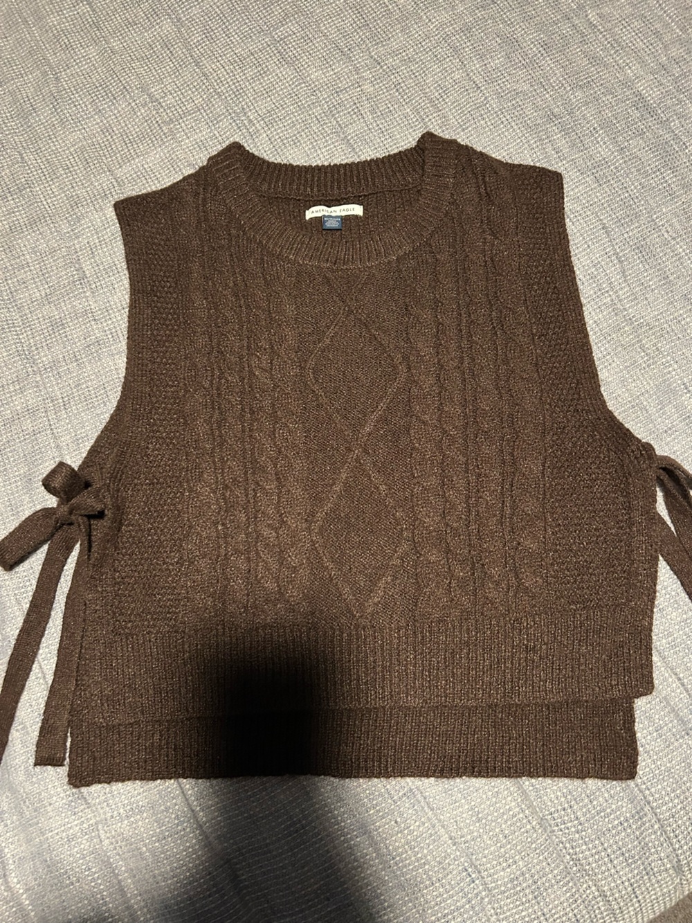 American Eagle Outfitters Brown Cable Knit Crewneck Sweater Vest with Side Ties - Picture 1 of 5